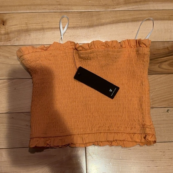 LULU’S SUNNY MOMENTS ORANGE RUFFLED SMOCKED STRAPLESS CROP TOP - Picture 6 of 6